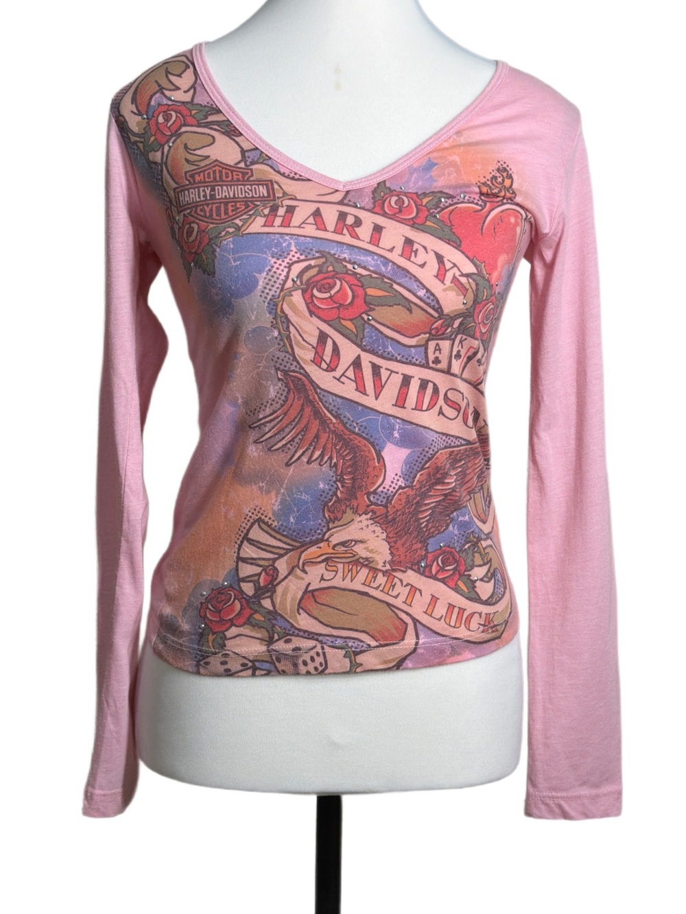 Vintage Harley-Davidson “Sweet Luck” Pink Long Sleeve V-Neck Graphic Tee
